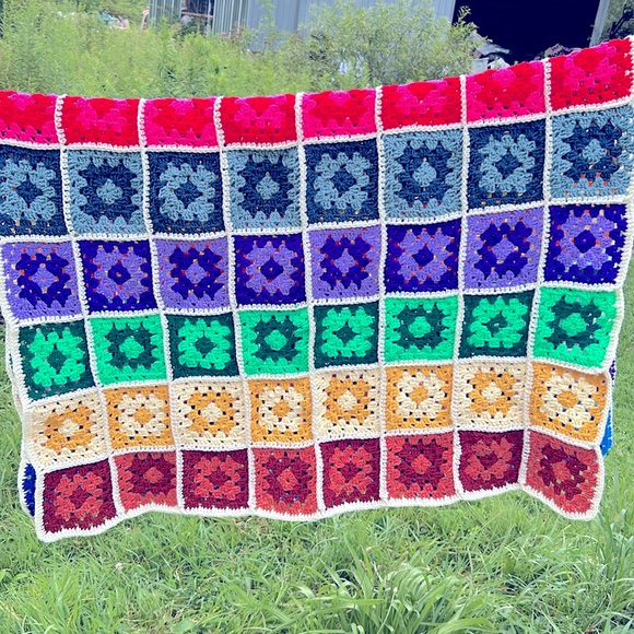 Handmade Vintage Granny Square Afghan Blanket Throw MCM Cottage Boho Festival - Picture 2 of 13